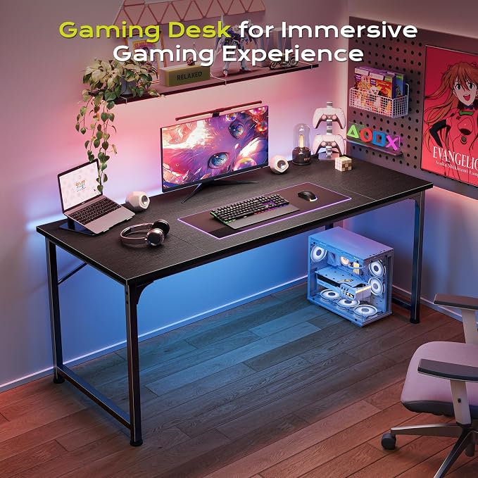 PRAISUN 55 Inch Computer Desk, Home Office Desk with Spacious Desktop, Modern Gaming Desk, Writing Study Table for Bedroom, Small Spaces, Work from Home Desk with Metal Frame, Black