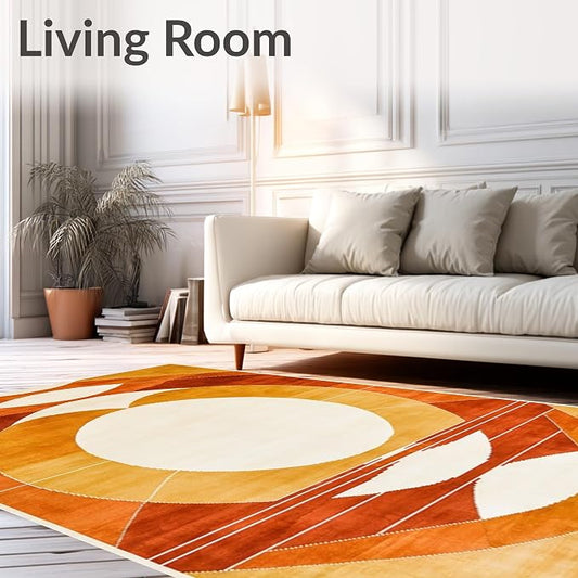 Flatwoven High Traffic Area Rug 4x6, Retro Sunshine Carpet with Layered Half Moon Arches and Warm Hues, Non Slip, Stain Resistant, Washable Area Rugs for Living Room, Bedroom (Brown, 4x6)