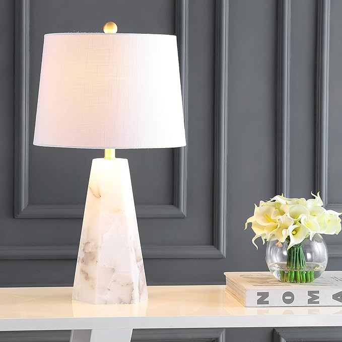 JONATHAN Y 25.5" Natural Alabaster/Brass Gold Modern Table Lamp for Bedroom, White Linen Shade, Contemporary Bedside Nightstand Lamp for Living Room, LED Bulb Included JYL6205A
