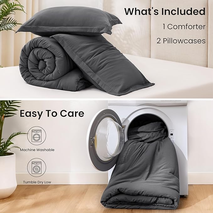 Love's cabin Dark Grey King Size Comforter Set, 3-Piece Prewashed Bed Set with 1 Comforter (104 x 90 in) & 2 Pillowcases, Lightweight & Breathable for All Seasons