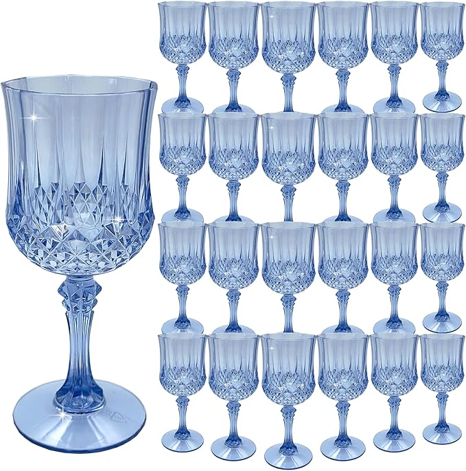 Plastic Wine Glasses, Plastic Goblets Vintage Style Cordial Drinking Glasses for Valentine’s Day, Wedding Reception, Grand Event Party Supplies (24, Blue)