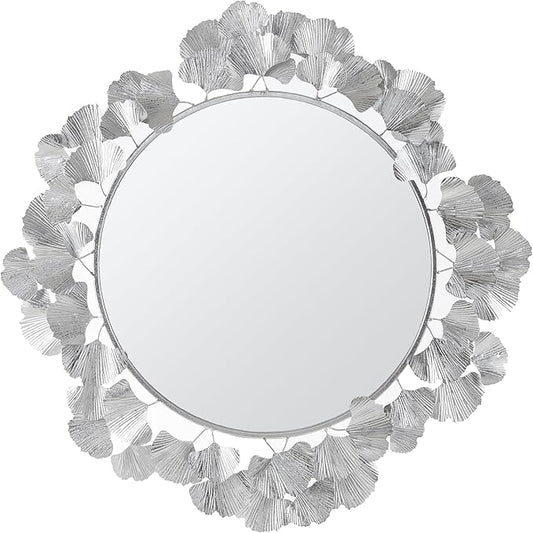 Martha Stewart Wall Décor Large Gingko Leaf Round Wall Mirror for Living Room, Iron Metal Plate Frame Antique Finish, Ready to Hang Bedroom Decoration, Eden, 30.5", Silver