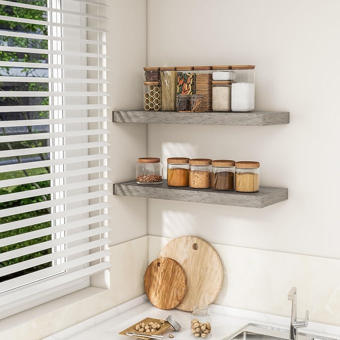 RICHFOCUS 31.5Inch Floating Shelves for Wall 2 Pack Shelves for Bedroom|Kitchen|Bathroom Wall Mounted Rustic Wood Floating Shelf with Invisible Brackets for Books|Storage|Decor, Grey