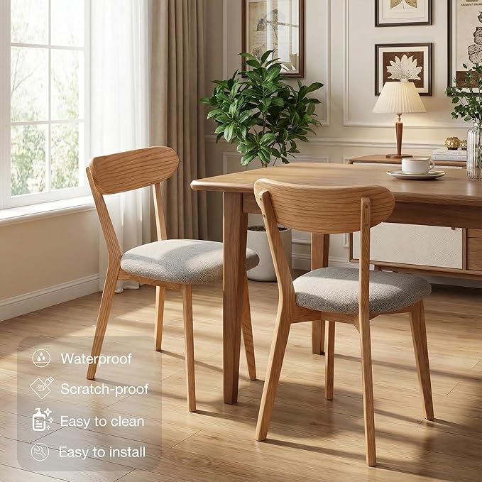 100% Solid Wooden Dining Chairs - Practical Kitchen Chairs with Upholstered Cushion - Wood Chairs Set of 2 for Dining Room, Kitchen (2, Natural with Grey Cushion)