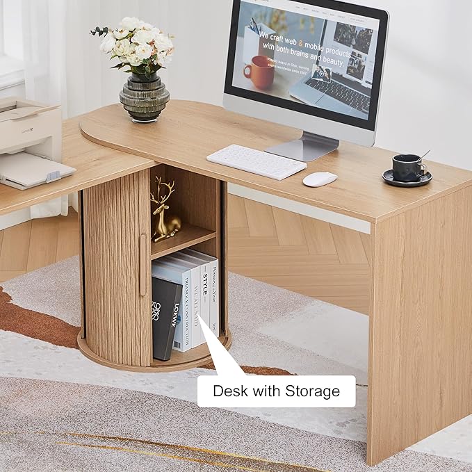 Fluted Computer PC Desk Table with Storage, Boho Corner L Shaped Desk with Storage for Small Space, Modern Home Office Desk for Bedroom, for Writing, Executive, Study, Work - Natural
