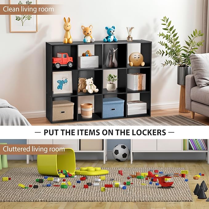 12 Cube Storage Organizer, Storage Shelf Organizer Bookshelf with Open Back, Open Shelf Bookcase, Wood Cubby Closet Cabinet Display Unit with 6 Removable Back Panels for Living Room Bedroom, Black
