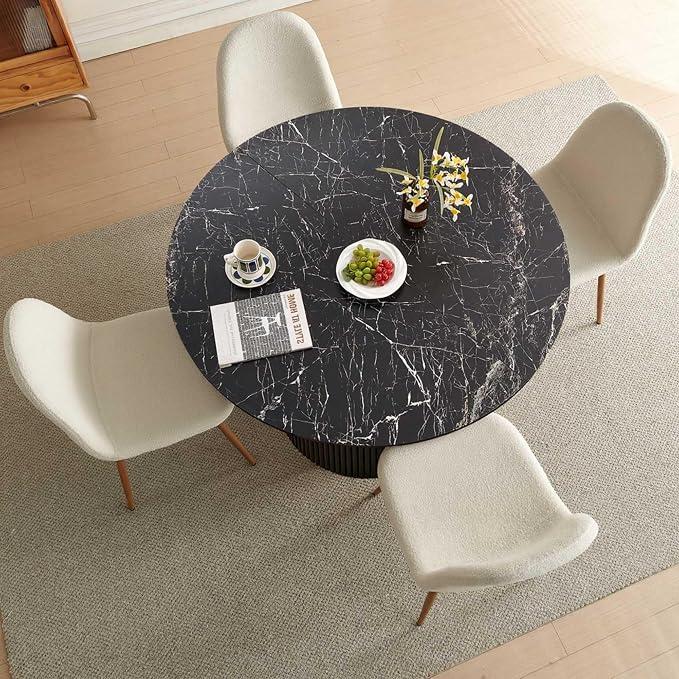 Dining Table Set for 4, Mid Century Modern 47 Inch Black Marble-Look Wooden Round Dining Table Set, Space Saving (Table + 4 White Chairs)