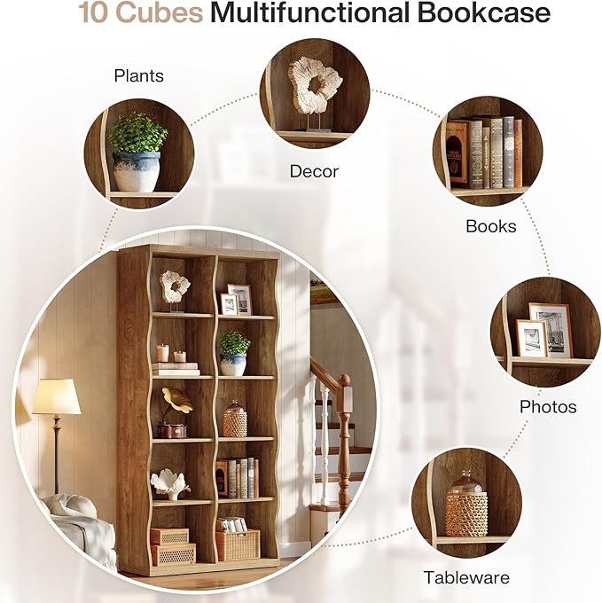 Tribesigns 70.86" Wooden 10 Cubes Bookcase Set of 2, 5-Tier Tall Bookshelf with Unique Curved-Edge Design, Rustic Display Storage Organizer with Open Shelves for Living Room, Home Office, Bedroom (2)
