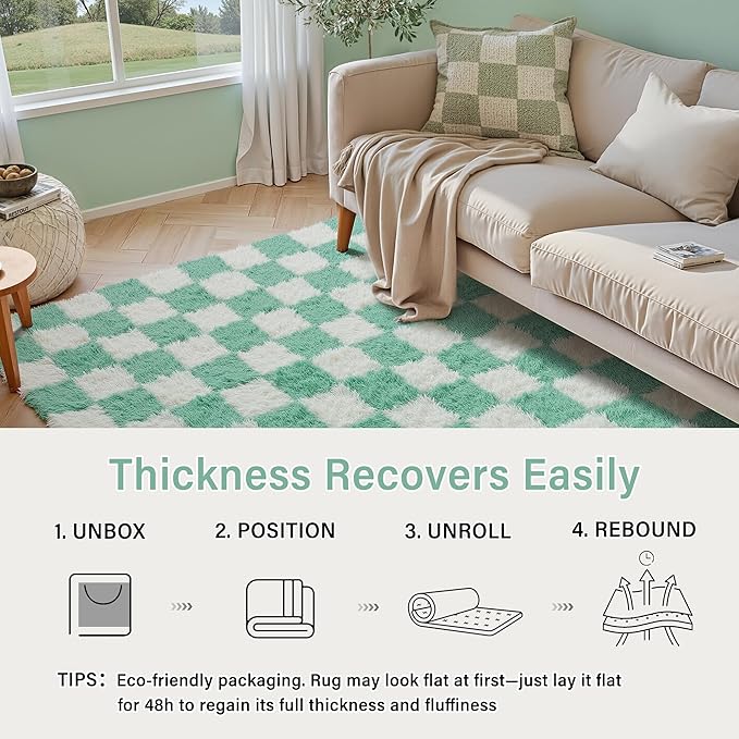 Green Rug 5x8 for Living Room, Checkered Modern Shag Rug Super Soft Washable Indoor Fuzzy Carpet Non-Slip Fluffy Rugs for Bedroom Home Aesthetic Decor