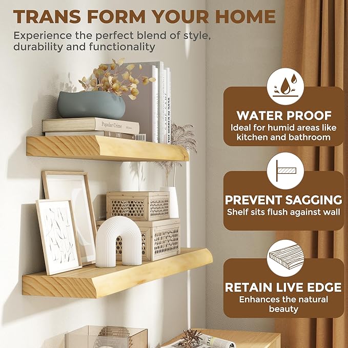 RICHFOCUS Live Edge Wood Floating Shelves for Wall 24" Natural Solid Wood Wall Mounted Shelf|8 Inch Deep Wooden Floating Shelves with Invisible Bracket for Bathroom Kitchen Room|2Pcs, Natural