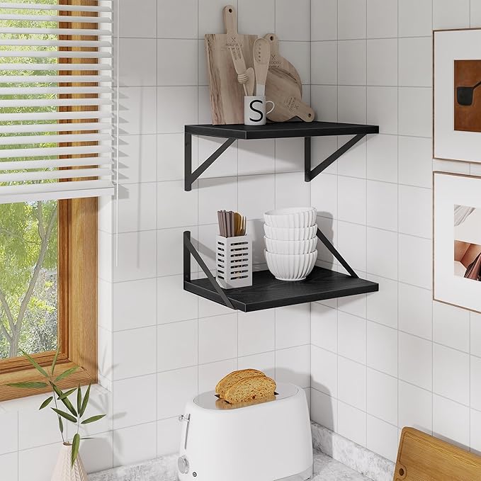 Deep Floating Shelves,16" Wx10 D Floating Shelves for Wall Set of 2,Heavy Duty Wood Floating Shelf with Metal Bracket,Wall Mounted Hanging Shelf for Living Room Bedroom Bathroom Kitchen,Black