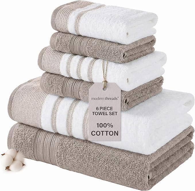 Modern Threads 6-Piece Towel Set – 100% Cotton, Quick Dry, Ultra Absorbent – Includes 2 Bath, 2 Hand, 2 Washcloths (White/Reinhart Tan)