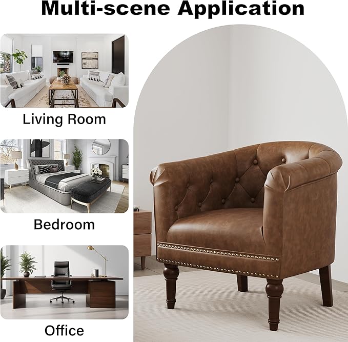 Accent Chair, Upholstered Faux Leather Barrel Chair with Nailed Trim, Comfy Club Armchair for Reading Living Room Bedroom Waiting Room (Rust, Set of 4)