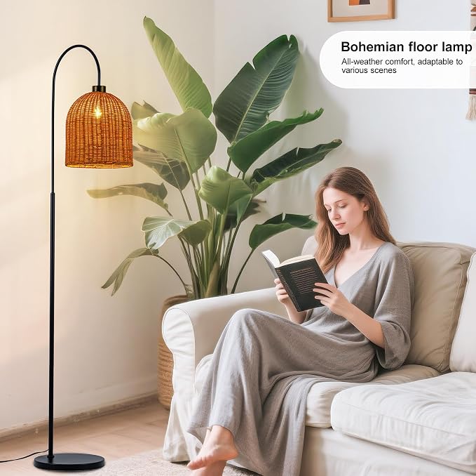MAYNA 66" Arc Rattan Floor Lamp, Black Boho Standing Lamp with Hand-Woven Wicker Shade, Tall Curved Overarching Reading Light with Foot Switch for Living Room, Bedroom, Coastal Rustic Decor
