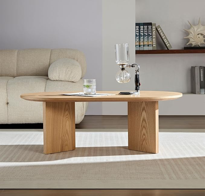 SSLine Mid-Century 39.37" Oval Coffee Table with Pedestal Base Natural Brown Wood Grain Top Cocktail Center Table for Living Room Bedroom