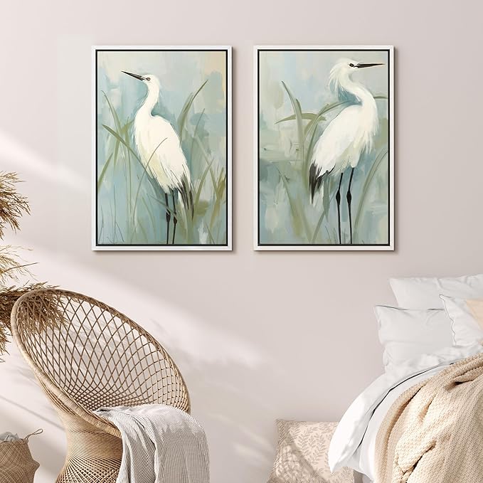 MUDECOR Framed Canvas Print Wall Art White Heron Pair in Marsh Coastal Illustrations Modern Art Decorative Bohemian Colorful for Living Room, Bedroom, Office - 16"x24"x2 White