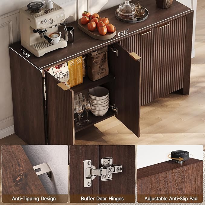 ONBRILL Fluted Sideboard Buffet Cabinet with Storage, Wooden Modern Fluted Sideboard with 4 Doors and 5 Adjustable Shelves, Coffee Bar Table for Dining Room, Hallway, Kitchen (Dark Walnut)