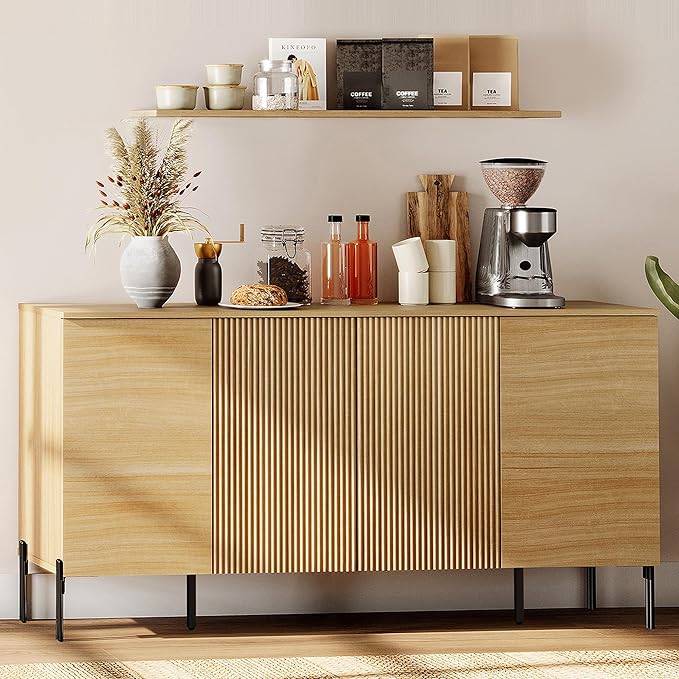 WAMPAT Fluted Buffet Cabinet with Storage, 61.5" Large Sideboard Cabinet with Storages, Modern Buffet Table Coffee Bar Wine Bar Storage Organizer with 4 Doors for Kitchen, Dining Room, Hallway, Oak
