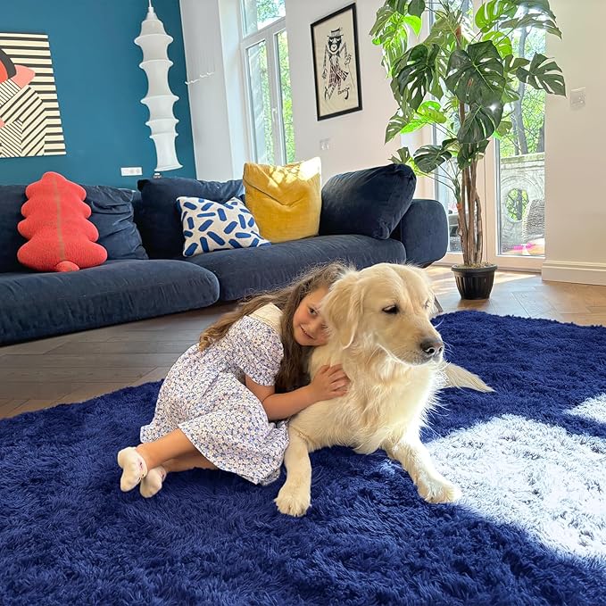 OLANLY 8x10 Machine Washable Large Area Rugs for Living Room, Bedroom, Soft Fluffy Shaggy Bedside Rug, Indoor Floor Carpet for Kids Girls and Boys, Dorms, Nursery, Home Decor Aesthetic, Navy Blue