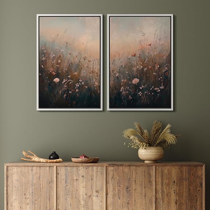 MUDECOR Framed Canvas Print Wall Art Forest and Lake Landscape Vintage Nature Scenery Illustrations Modern Art Decorative Bohemian Chic for Living Room, Bedroom, Office - 16"x24"x2 White