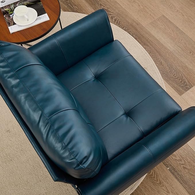 TYBOATLE Accent Chair, Comfy Modern Living Room Blue Leather Reading Accent Chairs Tufted Mid Century Arm Chair Small Salon Chair for Office Bedroom (1, Blue)