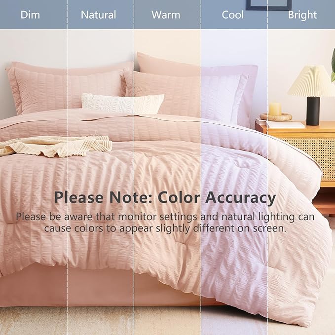 CozyLux Oversized King Comforter Set with Sheets, 7 Pieces 120"x98" Blush Pink Seersucker Bed in a Bag, Luxury Soft Bedding Sets with Down Alternative Comforter, Sheets, Pillowcases & Shams, Home Gift