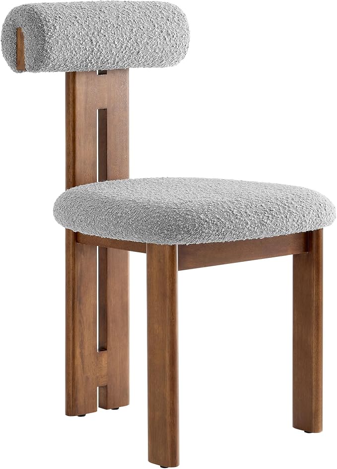 Modway Torian Upholstered Boucle Dining Chairs Set of 2 in Walnut Light Gray - 3-Legged Farmhouse Kitchen Chairs - Mid-Century Modern Armless Accent Chairs - Comfortable Side Chairs with Wood Legs