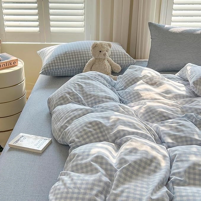 mixinni Light Blue Gingham Duvet Cover Set Full Size - 100% Washed Cotton 3 Piece Plaid Checkered Bedding Set, Soft Comfy Grid Farmhouse Comforter Cover with Zipper Closure & Corner Ties