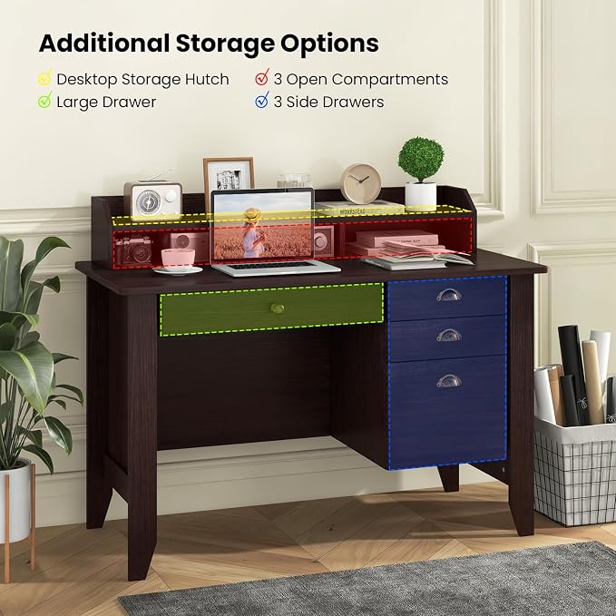 48" Vintage Computer Desk with 4 Storage Drawers & Top Hutch, Home Office Workstation with Drawer & Monitor Stand, Wooden Study Work Writing Table (Brown)