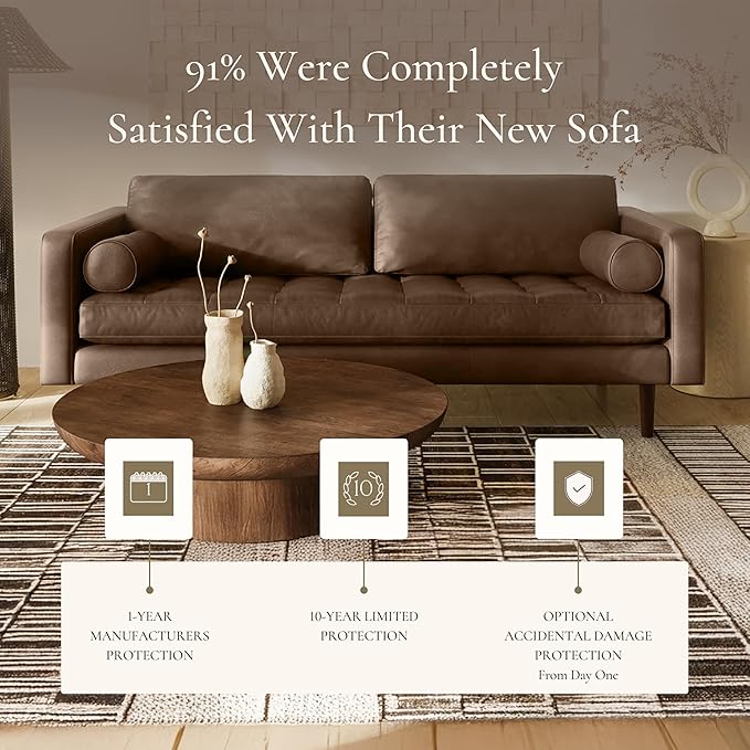 Poly & BARK Napa 88.5" Sofa – Cocoa Brown Full-Grain Pure-Aniline Italian Leather, Feather-Down Cushioning, Kiln-Dried Solid Wood Frame, Walnut Legs