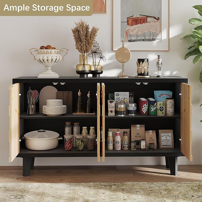 Buffet Cabinet with Storage, Distressed Storage Cabinet with 4 Carved Doors and Adjustable Shelf, Wooden Accent Sideboard Buffet Cabinets for Kitchen, Living Room, Entryway, Black&Natural