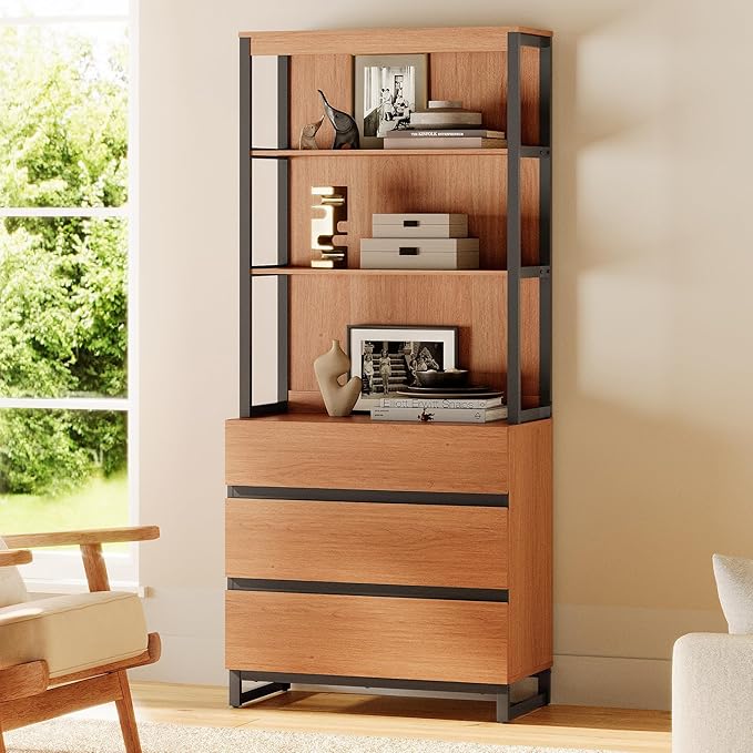 WAMPAT Modern 72" Tall Bookcase with 3 Drawers and Open Book Shelfs, Library Book Shelf with Storage Cabinet, Wood Freestanding Bookshelf for Home Office, Living Room, Mocha