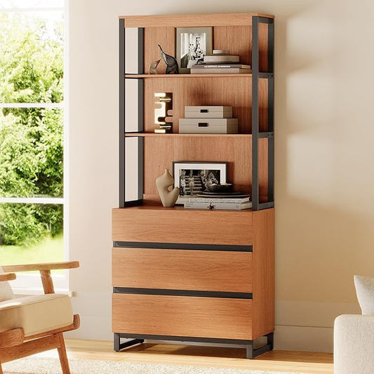 WAMPAT Modern 72" Tall Bookcase with 3 Drawers and Open Book Shelfs, Library Book Shelf with Storage Cabinet, Wood Freestanding Bookshelf for Home Office, Living Room, Mocha