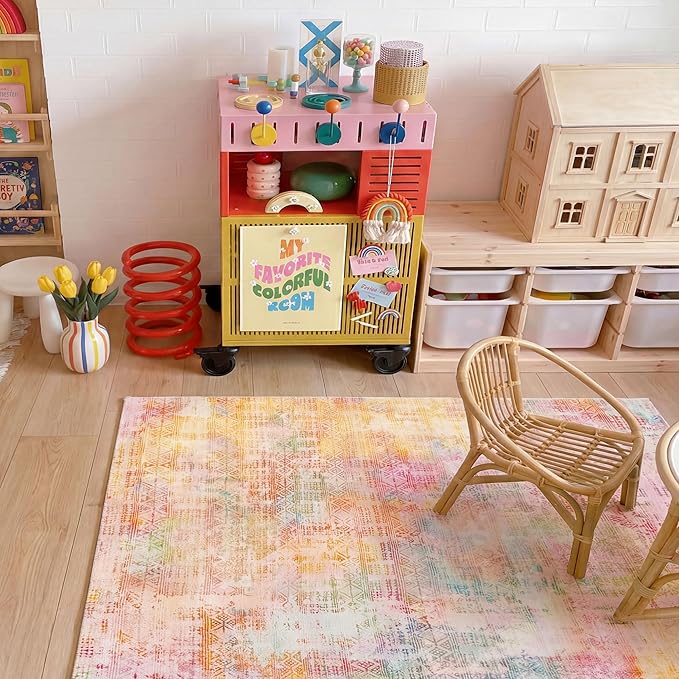 Kokia Abstract Area Rugs 8x10 Bedroom Soft Living Room Rugs Washable Distressed Vintage Comfy Pink Orange Carpet with Non-Slip Backing for Farmhouse Home Office Room Decor, Oslo Sunrise