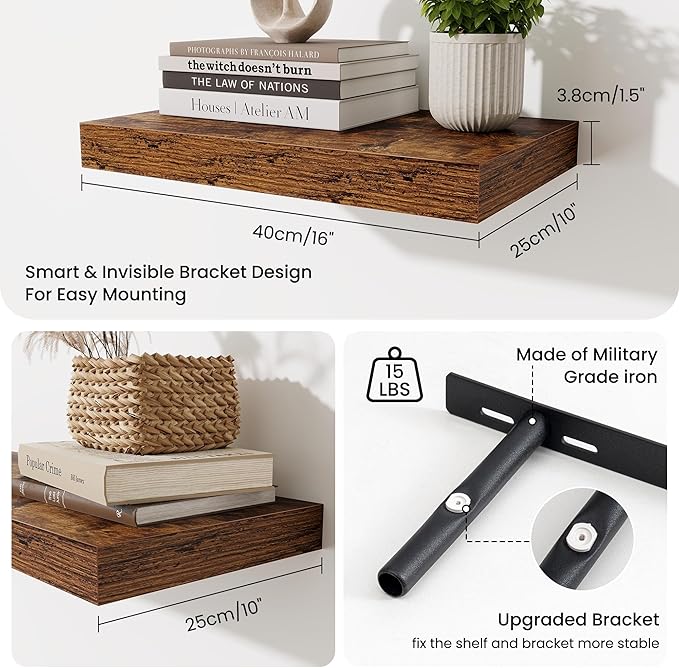 Fun Memories Floating Shelves for Wall - 10 x 16 Floating Shelf - Rustic Wood Storage Shelf - Wall Shelves with Invisible Bracket - 16" Bookshelves for Living Room & Bedroom - Rustic Brown - Set of 2