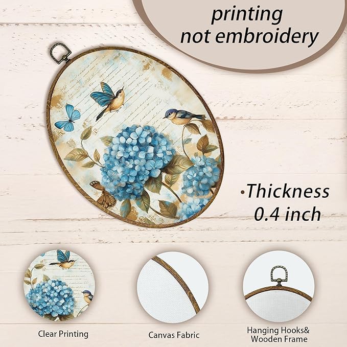 AEHIE Vintage Hydrangea Oval Wall Art Decor, Cottagecore Blue Bird Butterfly Canvas Artwork Framed, Rustic Country Floral Botanical Oval Wall Art for Home Bedroom Living Room Decor, 11x8.5 Inches