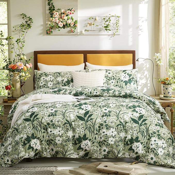 Green Floral Duvet Cover Queen 100% Cotton Decorative Emerald Comforter Cover 3 Pcs Set Dark Green Botanical Duvet Cover with Zipper Ties 2 Pillowcases Tropical Floral Bedding