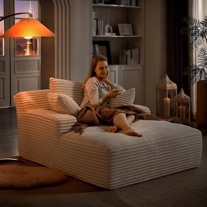 50" Chaise Lounge Indoor, Corduroy Lazy Sofa Bed Sleeper Chair with 3 Pillows & Spring Cushion, Oversized Boneless Chair for Living Room Apartment, Beige