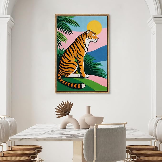 SIGNWIN Framed Canvas Print Wall Art Tropical Tiger with Palm Leaves Jungle Rustic Landscape Relax/Calm for Living Room, Bedroom, Office - 16"x24" Natural