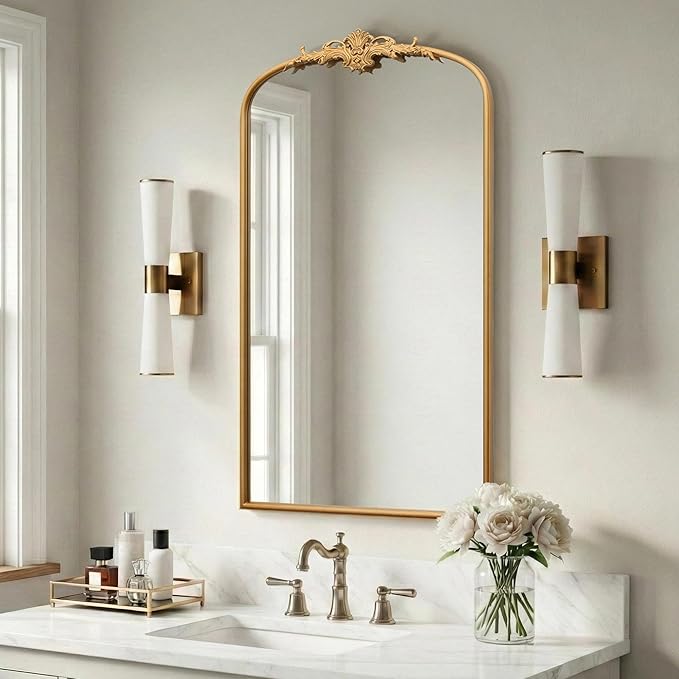Besdomus Large Vintage Arched Mirror: 24"x42" Arch Gleaming Gold Antique Wall Mounted Mirror - Traditional Ornate Home Decor for Entryway/Fireplace/Bathroom - Idea for Trendy Fashionistas