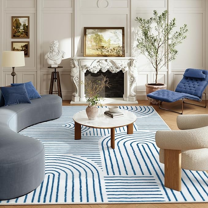 Lahome Abstract 6x9 Area Rugs, Soft Washable Rugs for Living Room Ultra-Thin Non Slip Dining Room Rug, Blue Rug Throw Large Carpet for Bedroom Office Darrell (6'x9',Blue/White)