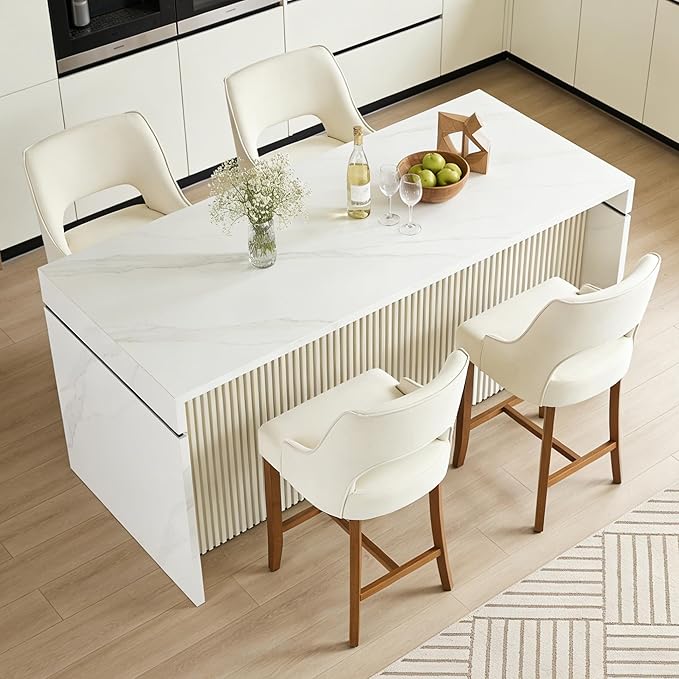 ClinQ Bar Stools Set of 6, 26" H Counter Height Bar Stools with Backs, Modern Upholstered Accent Barstools with H-Shaped Footrest for Kitchen Island, Dining Room and Bar, Beige-Walnut Legs