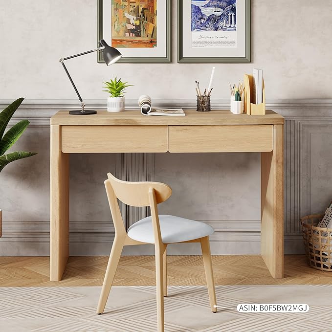43 Inch Small Computer Desk with 2 Drawers, Mid Century Modern Writing Study Table for Home Office, Vintage PC Work Desk with Storage for Bedroom Small Spaces, Easy Assembly, MDF - Natural