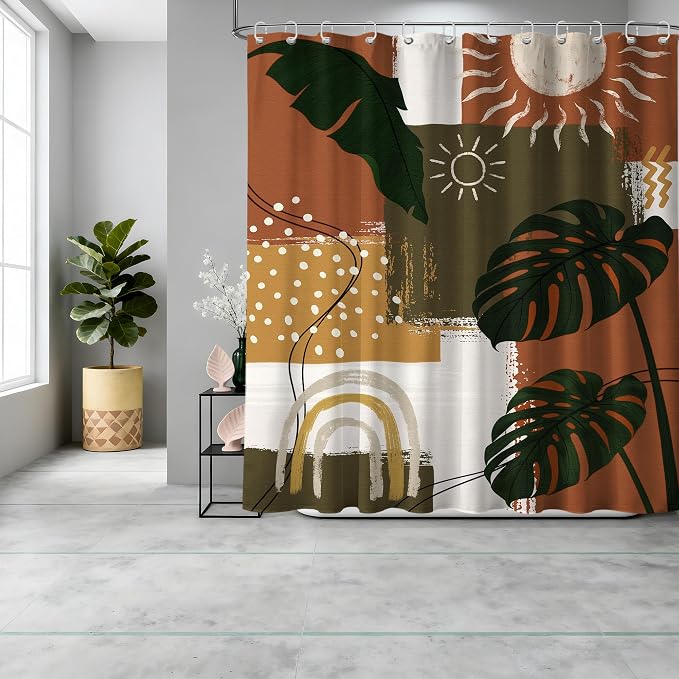 Mid Century Modern Shower Curtain Boho Abstract Tropical Leaf Shower Curtains for Bathroom Decor Sets, Waterproof Cloth Fabric with Hooks, 70x78 Inch