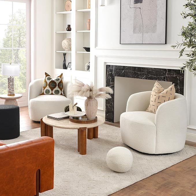 KINWELL 34" Wide Sherpa Swivel Barrel Chairs Set of 2, No Assembly Round Boucle Upholstered Accent Chairs Armchairs Single Sofa Chair with Toss Pillow for Living Room and Bedroom, Beige