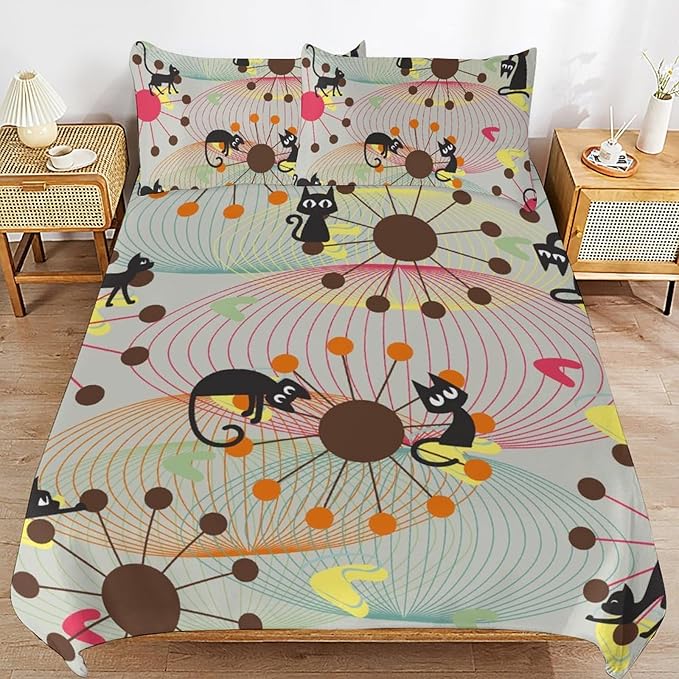 Mid Century Duvet Cover Sets Vintage Black Cat Modern Style Printed Lightweight Soft Quilt Cover Abstract Geometric Minimalist Soft Microfiber 3 Piece (1 Duvet Cover 68x86in + 2 Pillow Sham 20x30in)