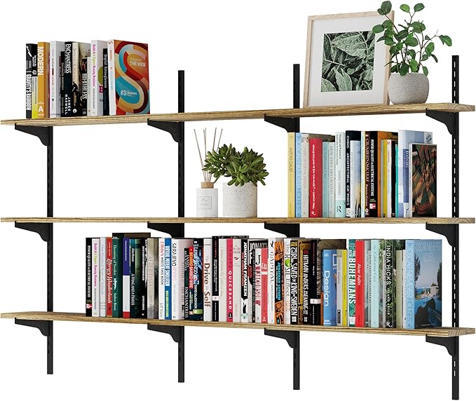 Wallniture Turin 60 Inch Floating Shelf, Adjustable Wall Shelves, Wood Shelving, Wooden Floating Shelves, Wall Mounted Bookshelf, Storage for Living Room, Kitchen, Office, 3 Tier, Burnt Finish