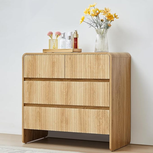 BERRYMERRY Flute 3 Drawer Dresser,31.5" Wide Dresser Nightstand for Bedroom,Mid Century Modern Wood Chest of Drawer with Curved Profile,Large Nightstand with 3 Drawer for Closet