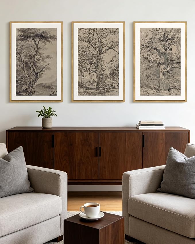 KUVIOKE Vintage Tree Framed Wall Art Retro Antique Forest Drawings Nature Wilderness Sketch Wall Painting Modern Decor 24x36in (Natural Framed)