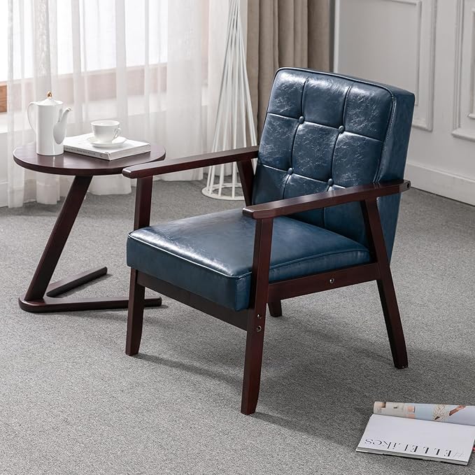 Okeysen Accent Chairs Set of 2, Mid Century Modern Accent Chair, Retro Wood and Leather Armchairs Side Chair, Lounge Reading Comfy Arm Chair for Living Room, Bedroom, Office (Blue)
